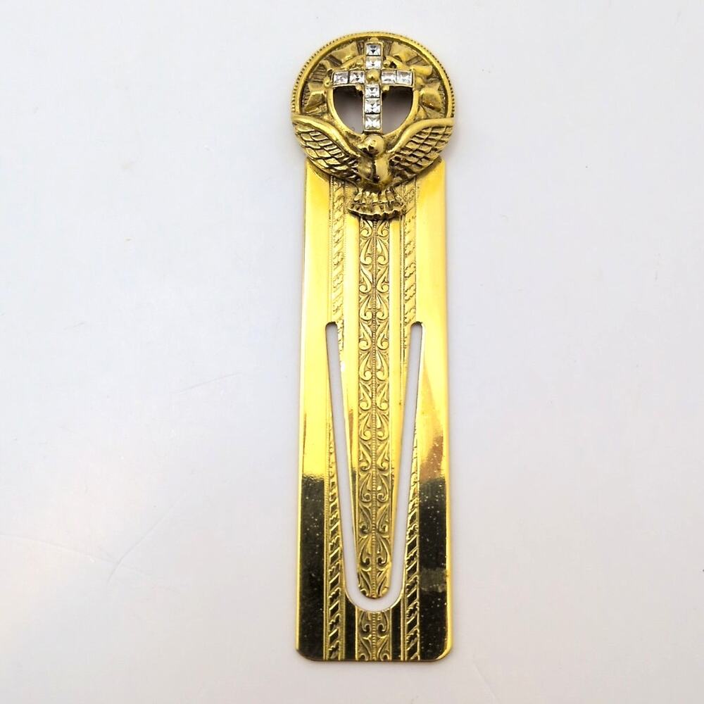 The Vatican Library Collection Gold Tone Bookmark Crystal Cross Bird Religious